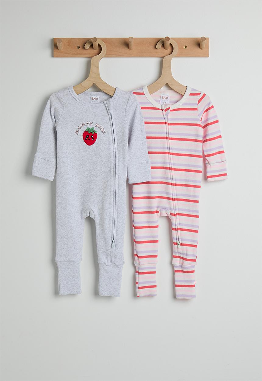 Cotton On - 2 Pack The Long Sleeve Zip Romper - Vanilla/Coral Stripe & Snow Marle/Mama'S Mini