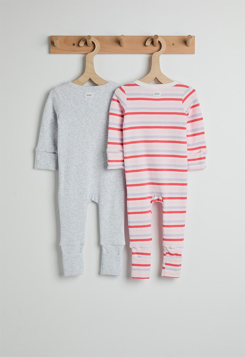 Cotton On - 2 Pack The Long Sleeve Zip Romper - Vanilla/Coral Stripe & Snow Marle/Mama'S Mini
