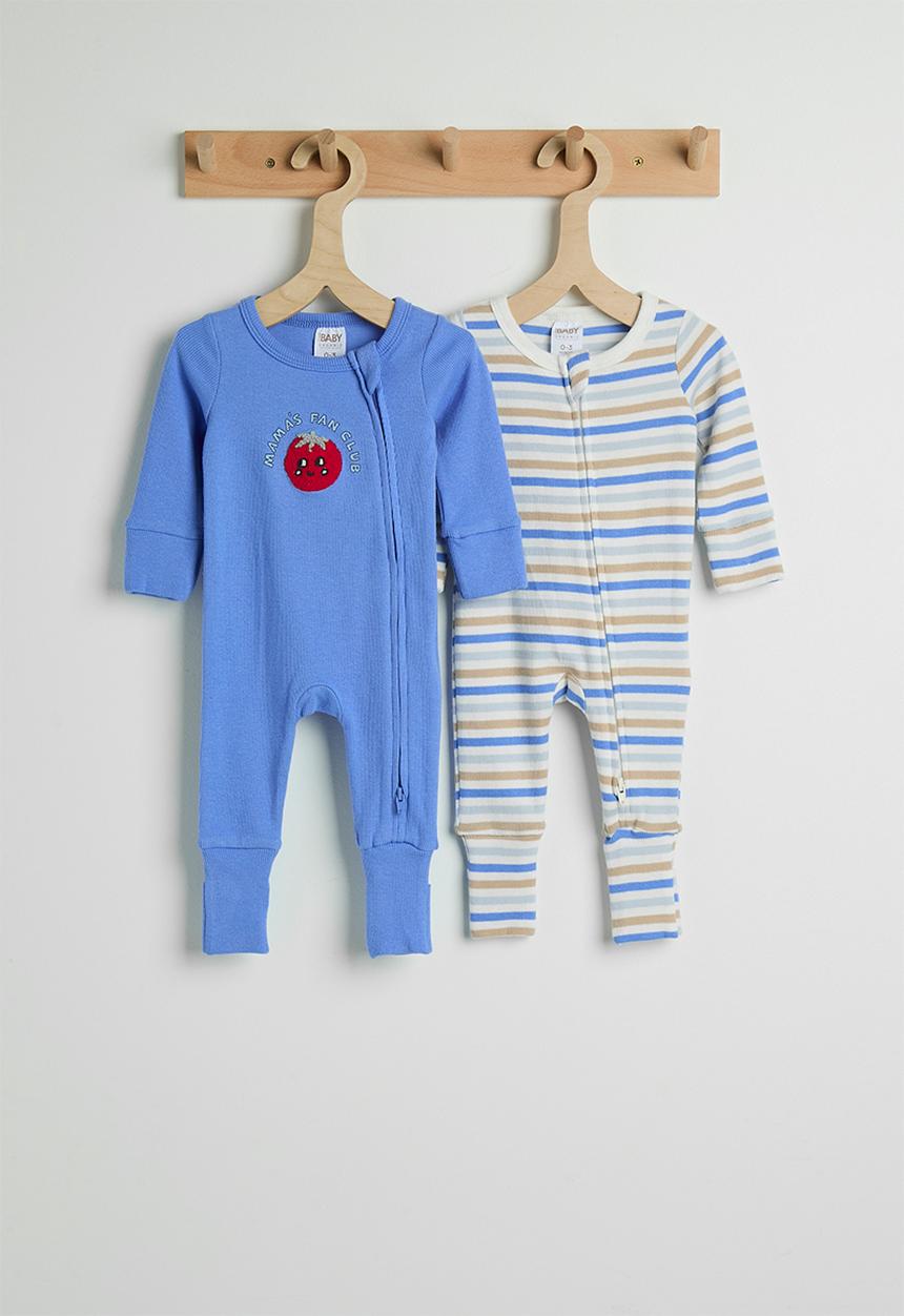 Cotton On - 2 Pack The Long Sleeve Zip Romper - Vanilla/Blue Bonnet Stripe & Mama'S Fan Club