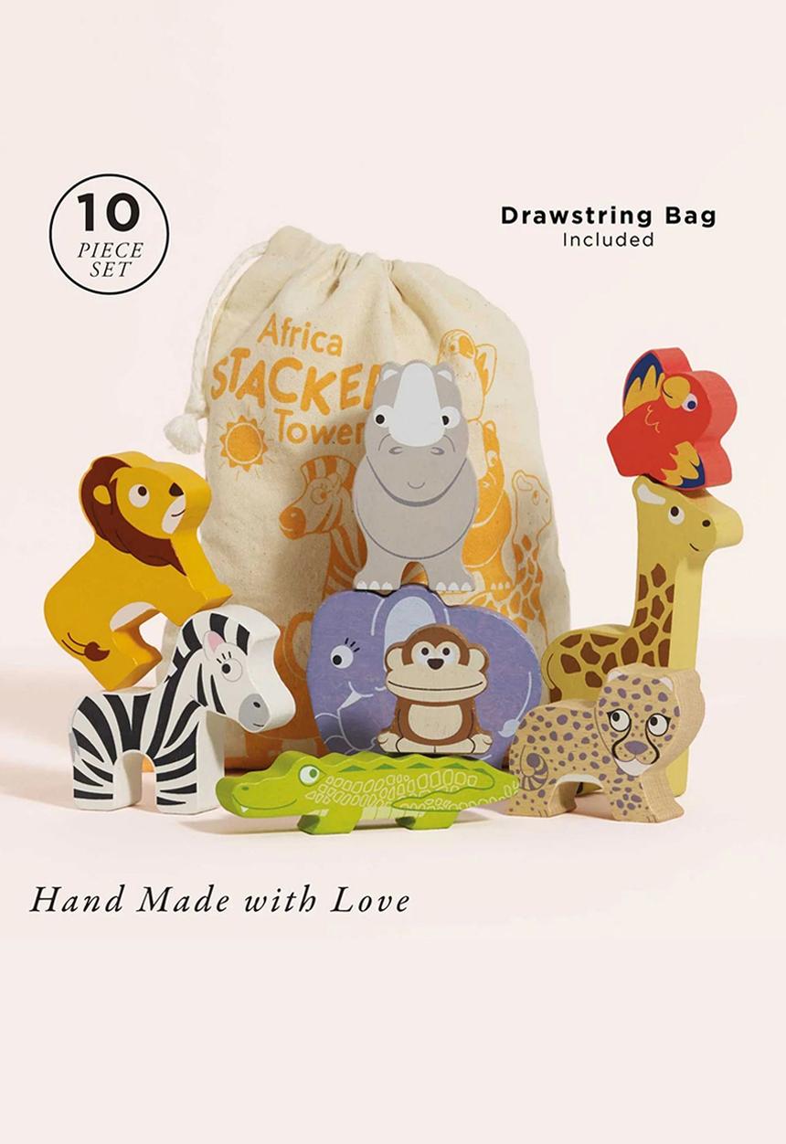 Le Toy Van - Wooden Stacking African Animals & Bag - 10pcs