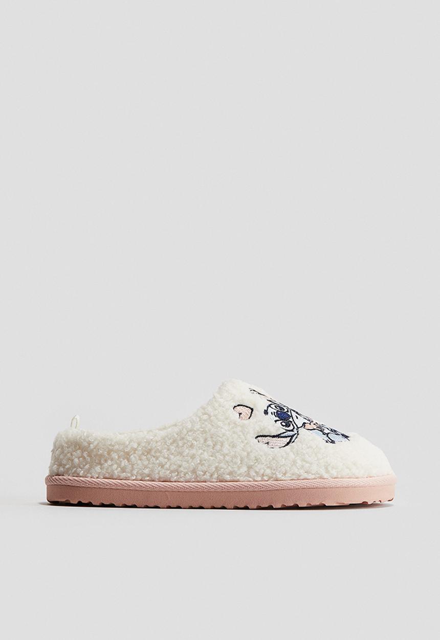 H&M - Embroidery-motif teddy slippers - white/lilo & stitch