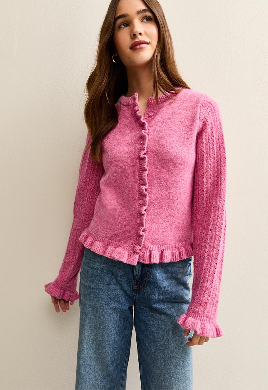New Look - Ruffle cable knit cardigan - pink