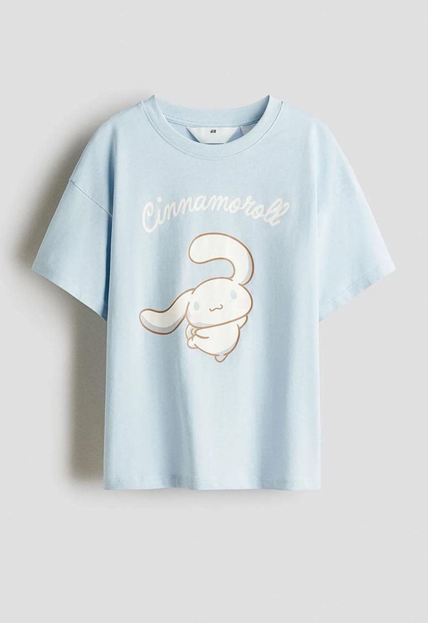 H&M - Loose-fit printed cotton T-shirt - light blue/cinnamoroll