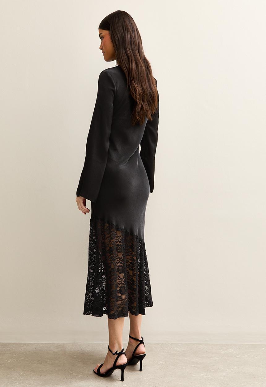New Look - Satin lace mix midi - black