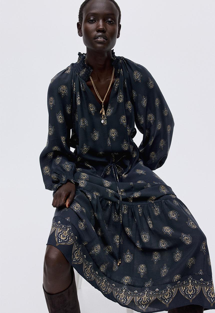 H&M - Smocked-detail dress - dark blue/patterned