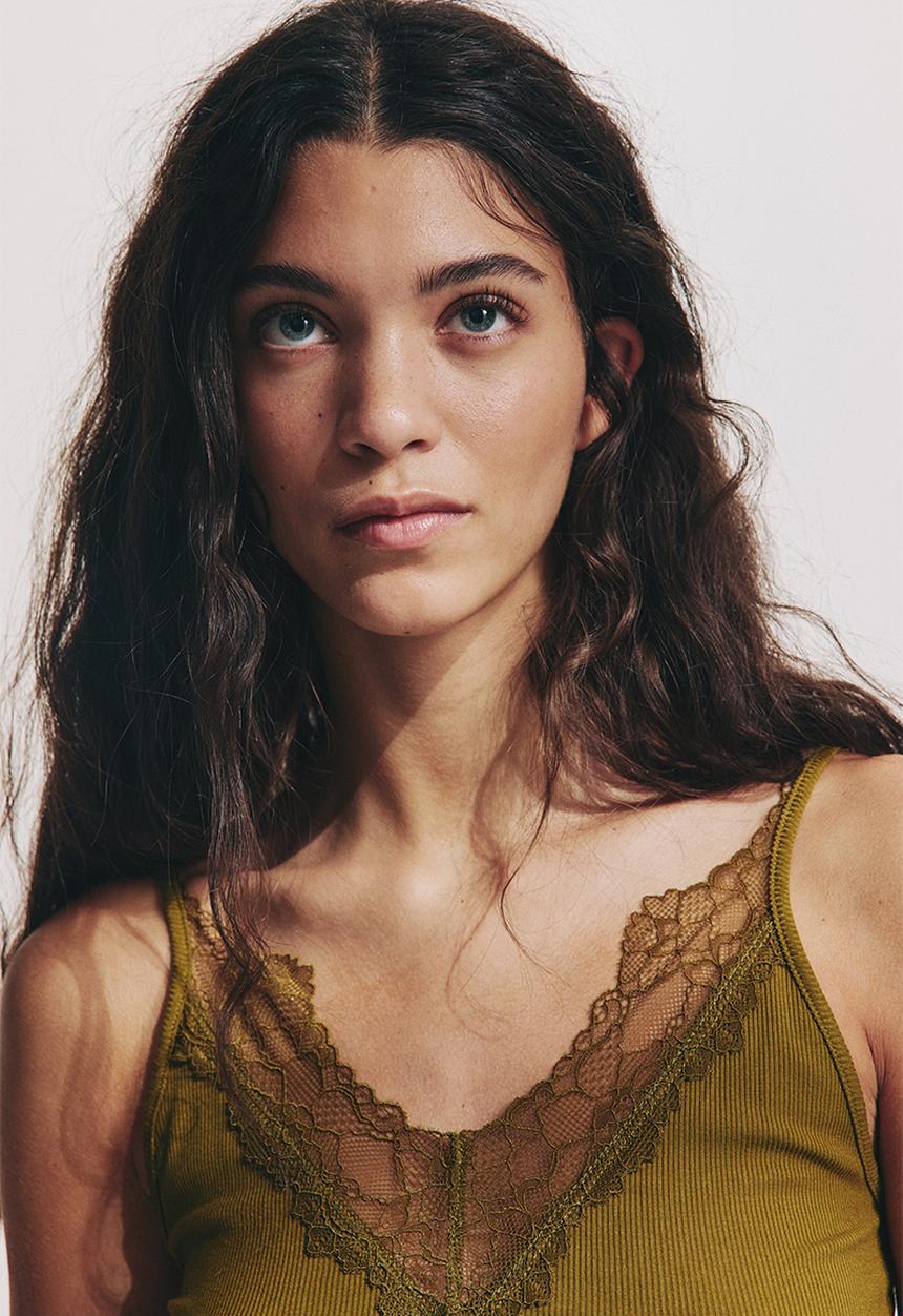 H&M - Lace-trimmed strappy top - golden olive