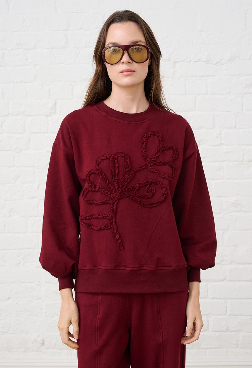 Me&B - Sequined Flower Sweat Top - Burgundy