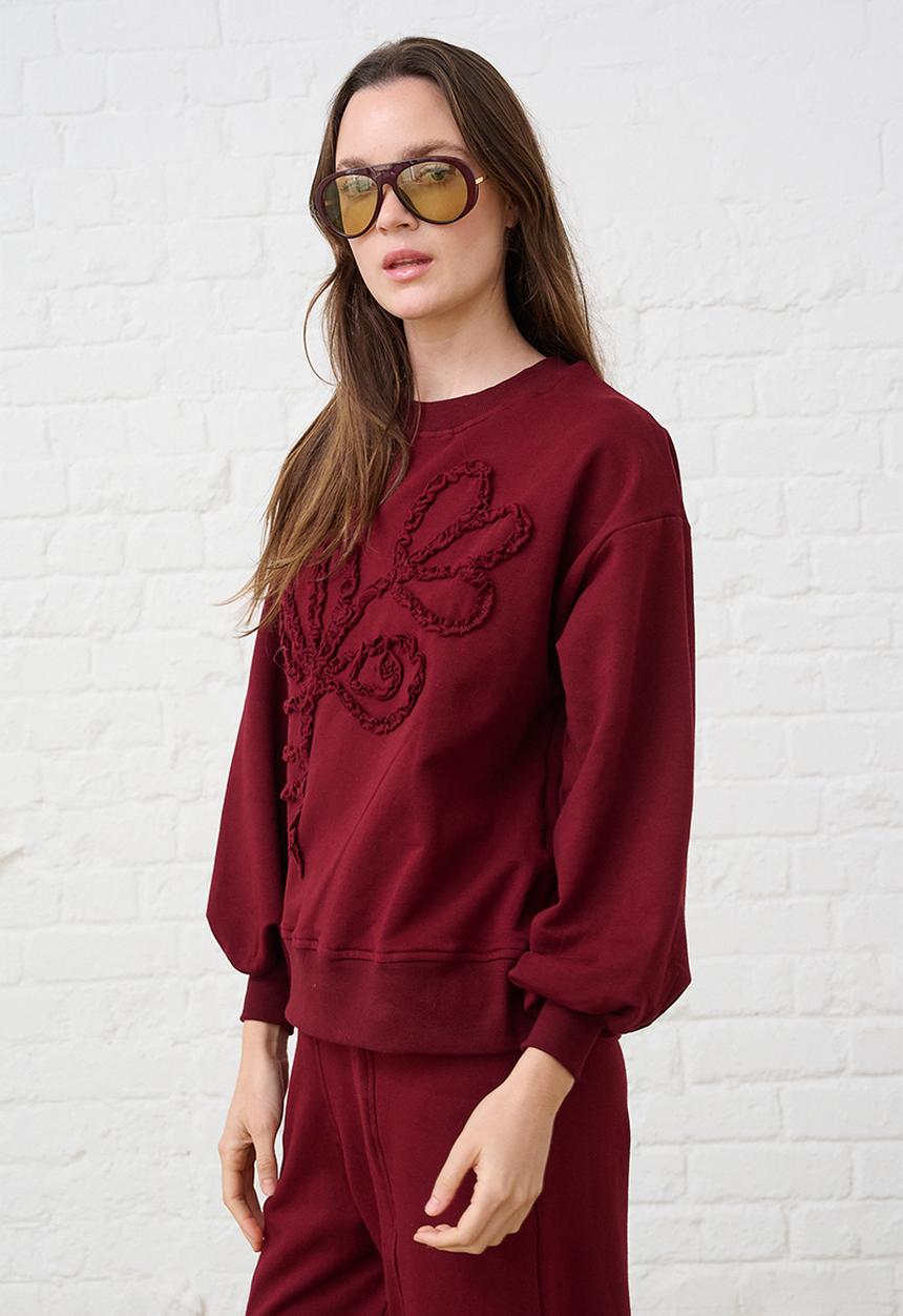 Me&B - Sequined Flower Sweat Top - Burgundy