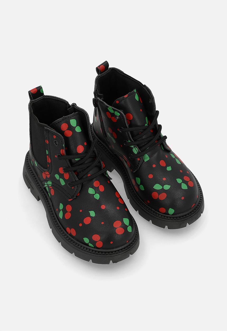 Pop Candy - Cherry aop lace-up boots - black