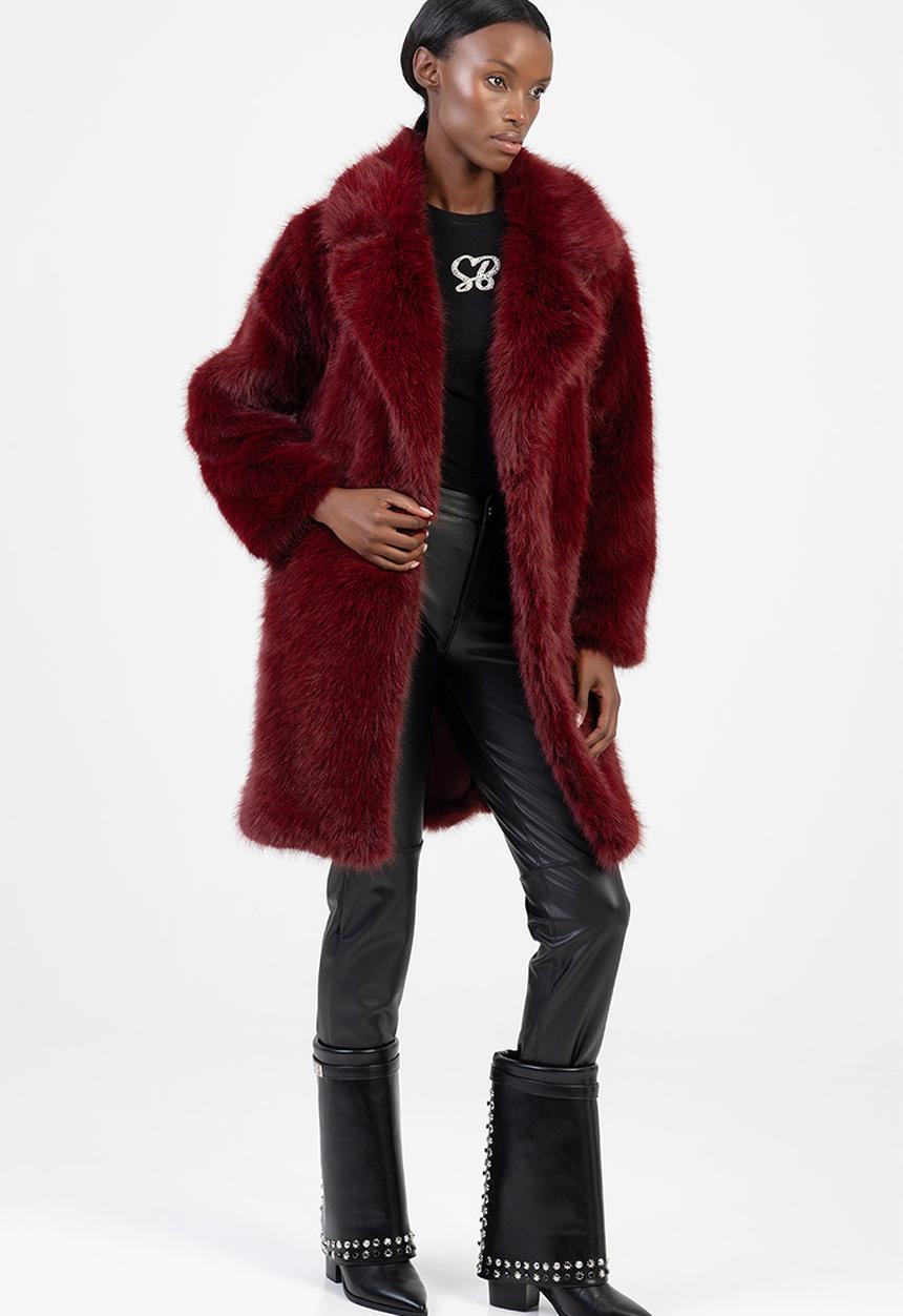 SISSY BOY - Queen Of Hearts Faux Fur Coat - Burgundy