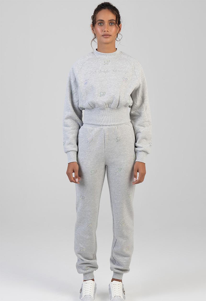 SISSY BOY - Running To You Cropped Sweat Top With All Over Bling Branding - Grey Melange