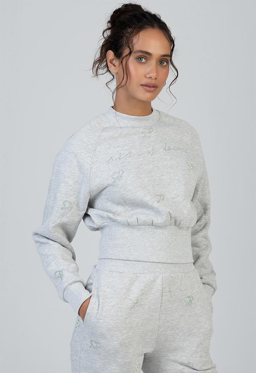 SISSY BOY - Running To You Cropped Sweat Top With All Over Bling Branding - Grey Melange