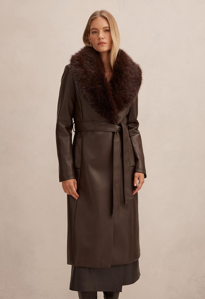 Forever New - Faith Faux Fur Collar Pu Trench Coat in Milk Chocolate