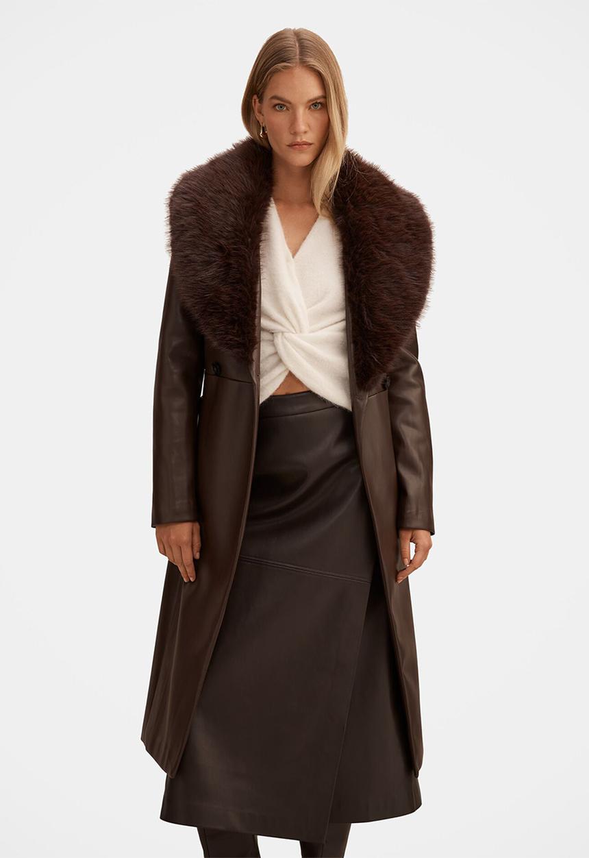 Forever New - Faith Faux Fur Collar Pu Trench Coat in Milk Chocolate