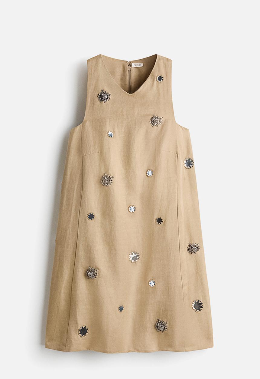 H&M - H&M Studio: Embellished a-line dress - beige/sunflowers