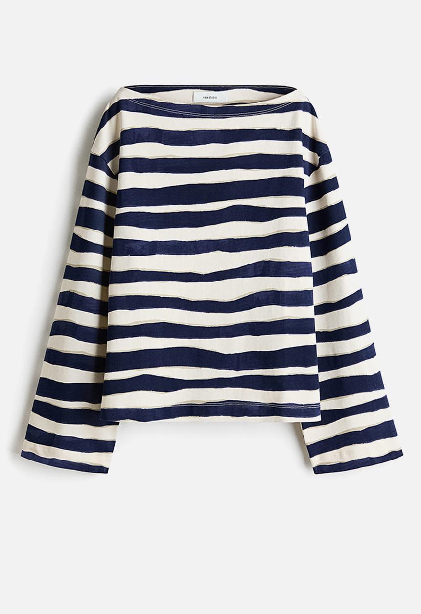 H&M - H&M Studio: Cut-out cotton top - cream/navy blue striped