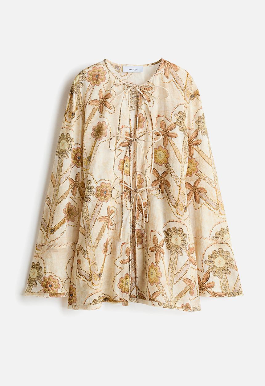 H&M - H&M Studio: Floral-print tie-front blouse - cream/floral