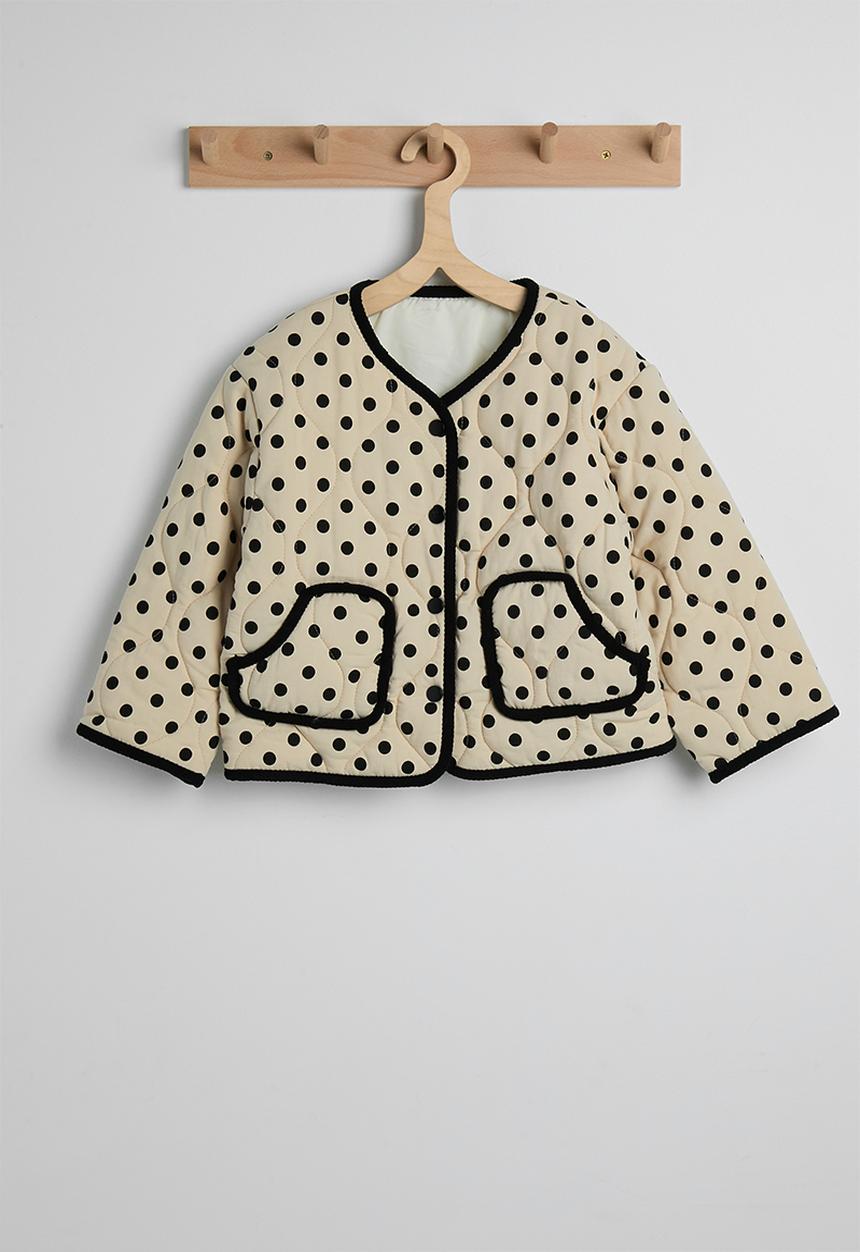 Pop Candy - Polka dot onion quilted collarless jacket - barley white/black
