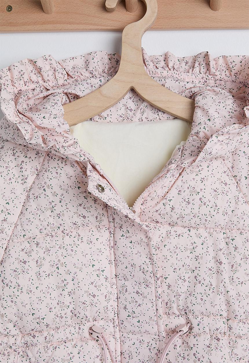 Pop Candy - Ditsy floral hooded puffer jacket with faux fur lining - pearl pink