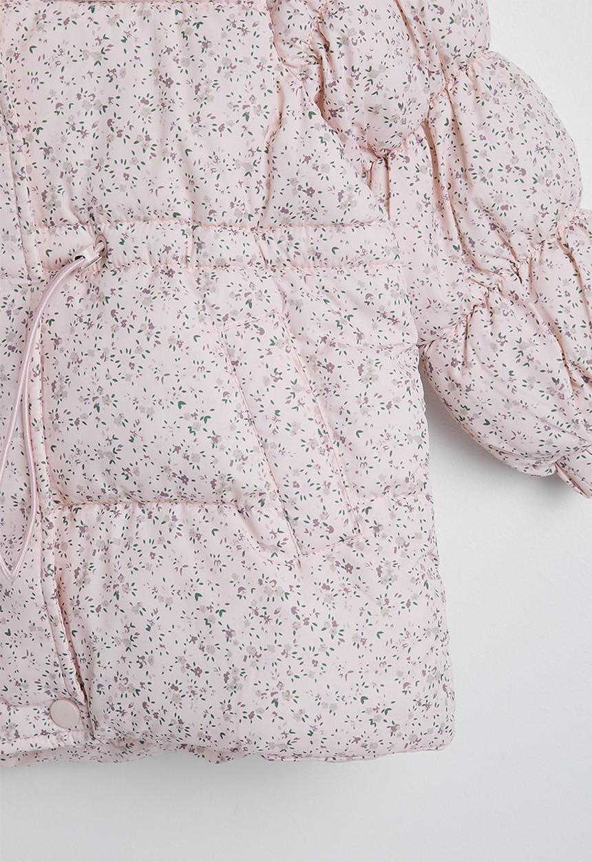 Pop Candy - Ditsy floral hooded puffer jacket with faux fur lining - pearl pink