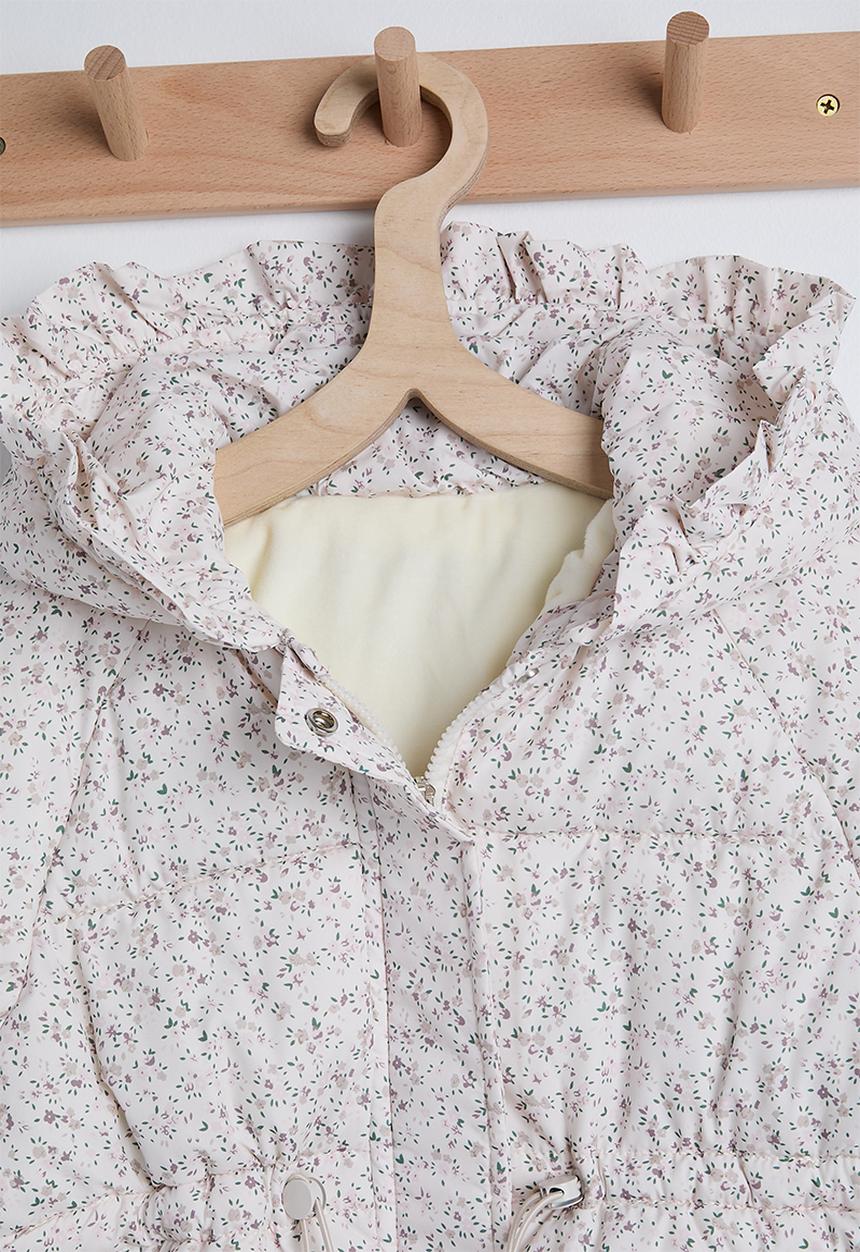Pop Candy - Ditsy floral hooded puffer jacket with faux fur lining - off white