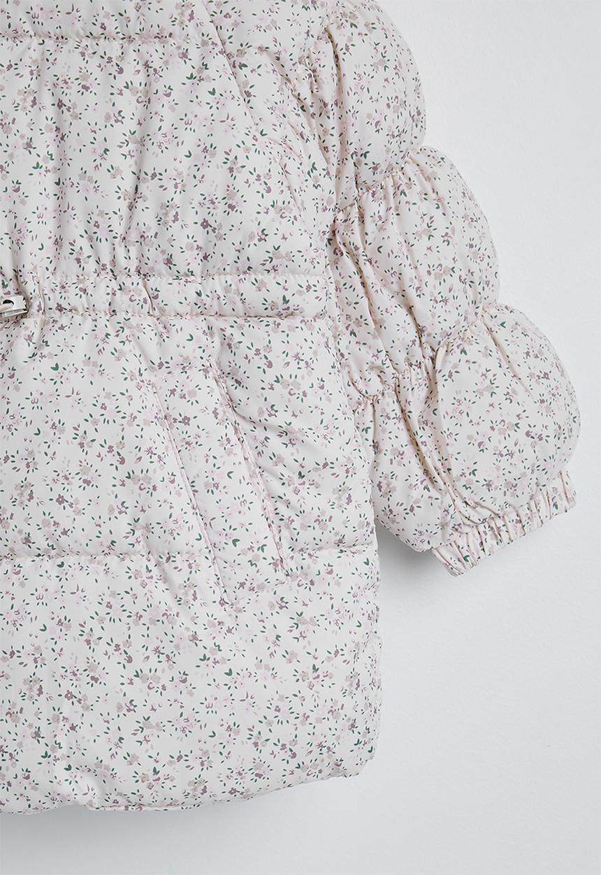 Pop Candy - Ditsy floral hooded puffer jacket with faux fur lining - off white