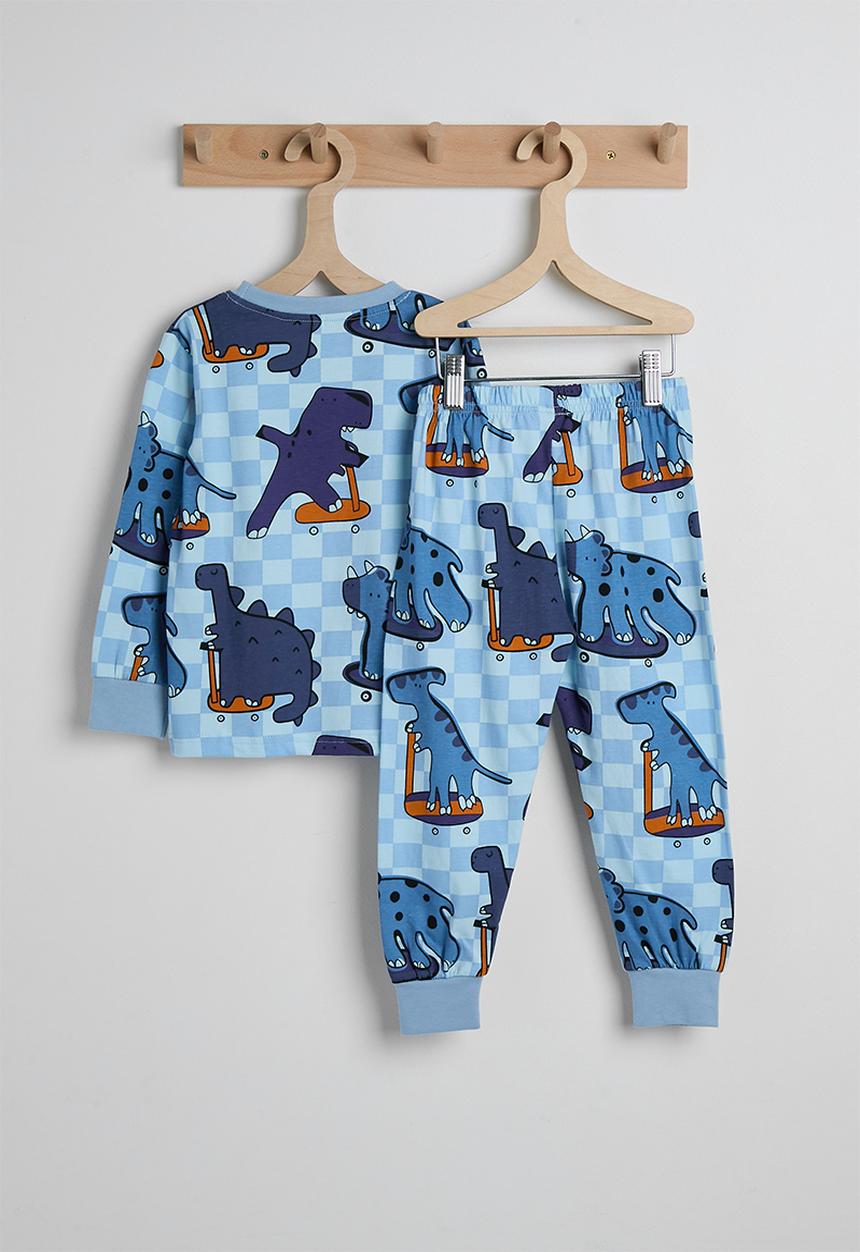 Pop Candy - Printed checker board pj set - blue/skater dino multi