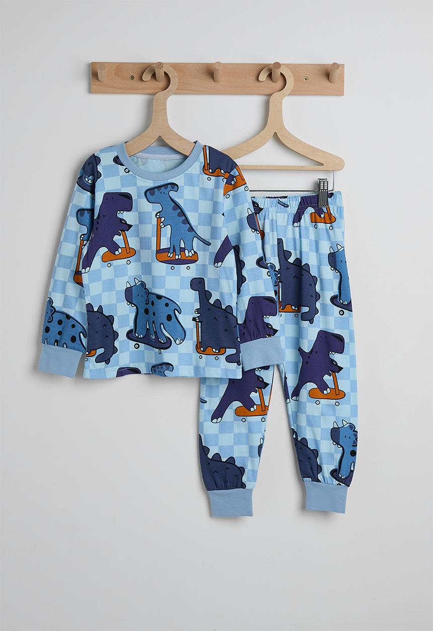 Pop Candy - Printed checker board pj set - blue/skater dino multi
