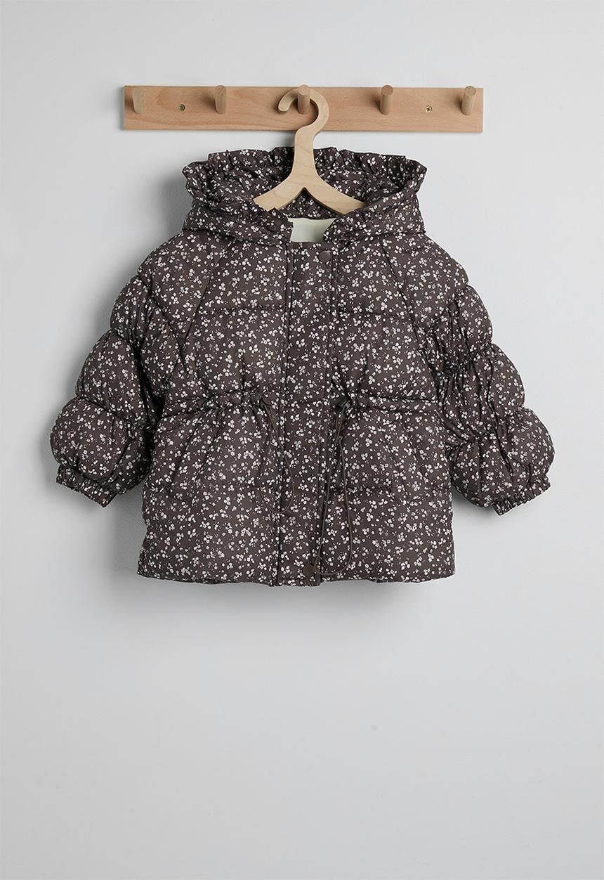 Pop Candy - Ditsy floral hooded puffer jacket with faux fur lining - dark brown