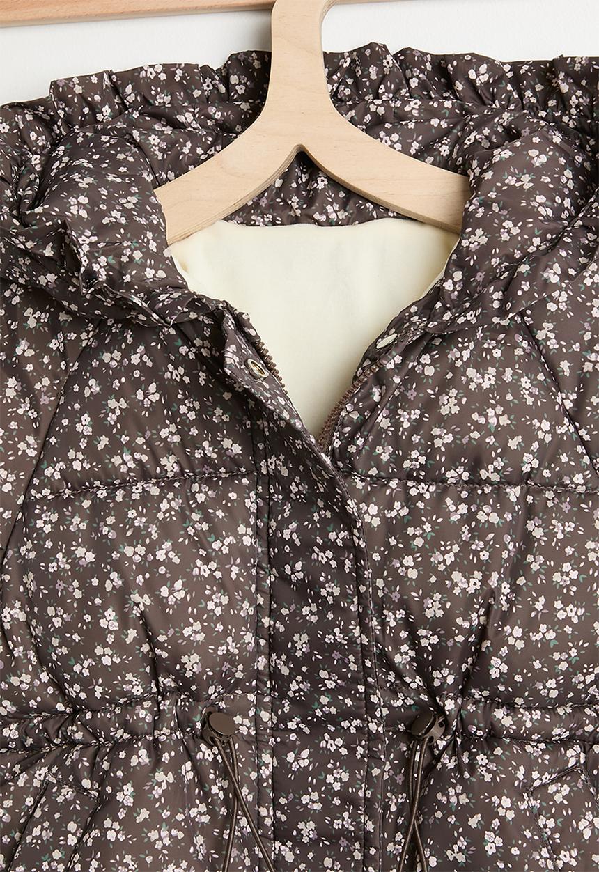 Pop Candy - Ditsy floral hooded puffer jacket with faux fur lining - dark brown
