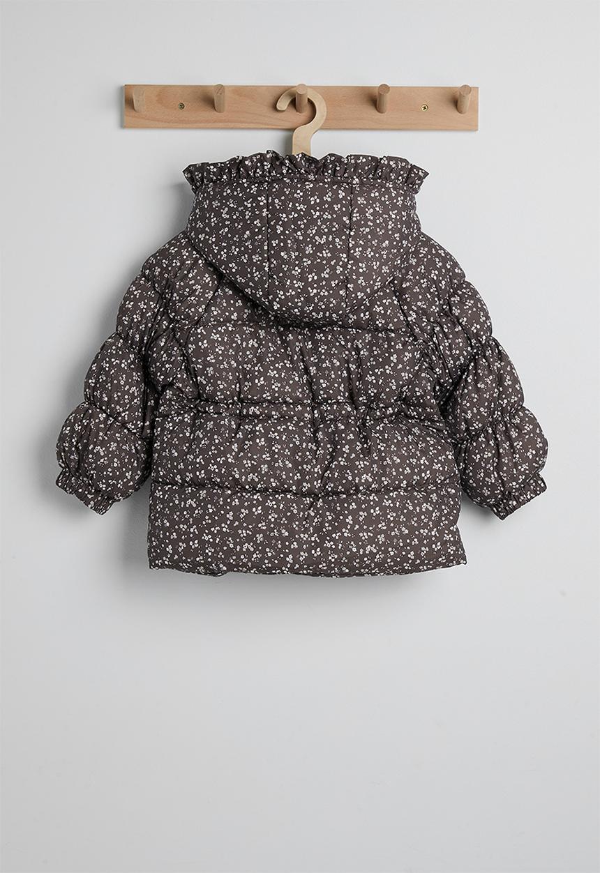 Pop Candy - Ditsy floral hooded puffer jacket with faux fur lining - dark brown