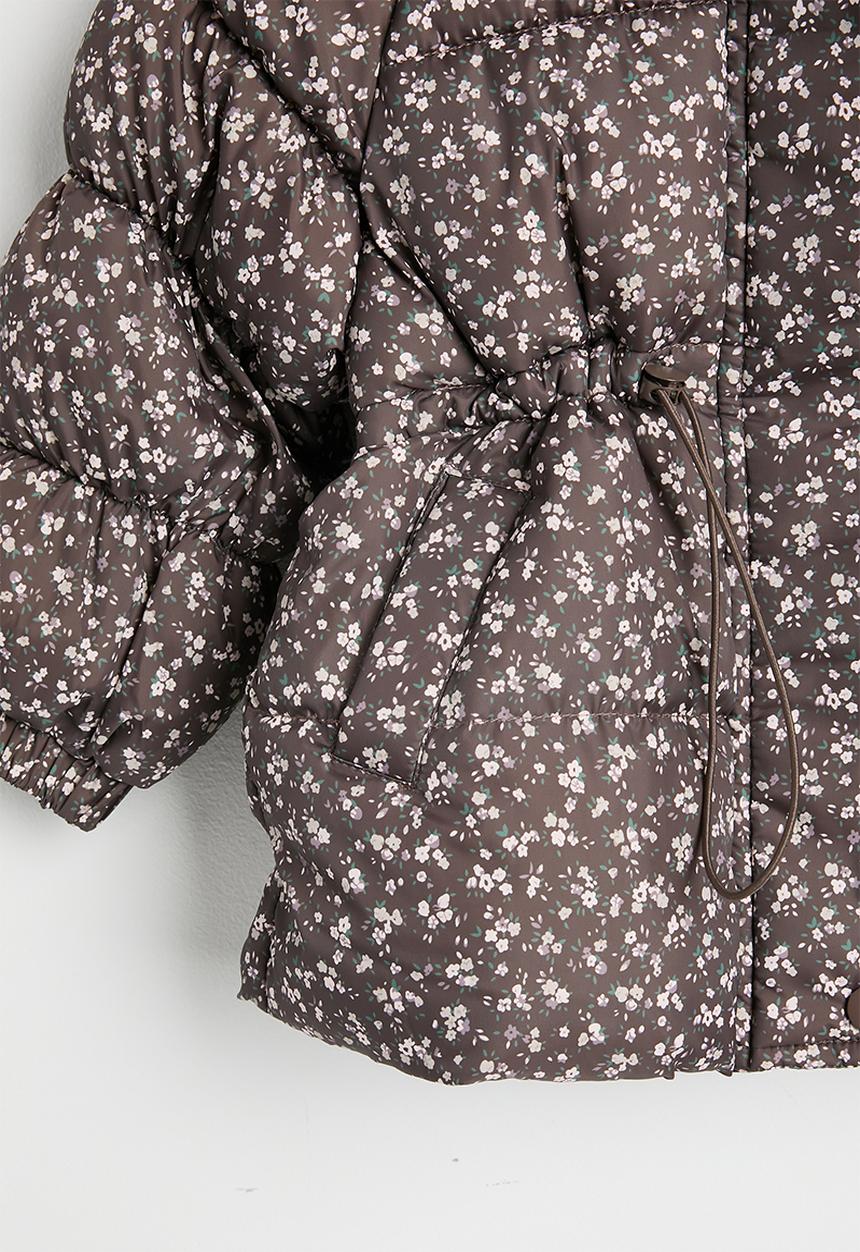 Pop Candy - Ditsy floral hooded puffer jacket with faux fur lining - dark brown