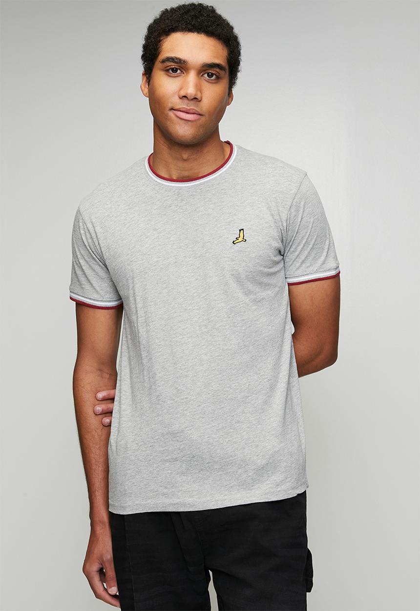 Brave Soul - Crew Neck Tee  - Lt Grey Marl/Burgundy/Optic White