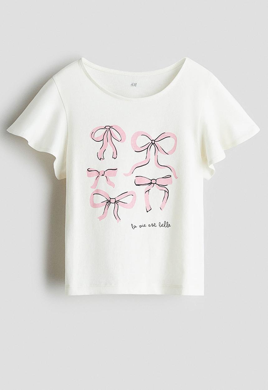 H&M - Printed flutter-sleeved top - white/bows