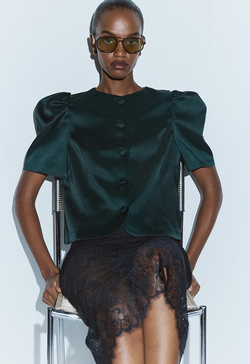 H&M - Puff-sleeved blouse - dark green