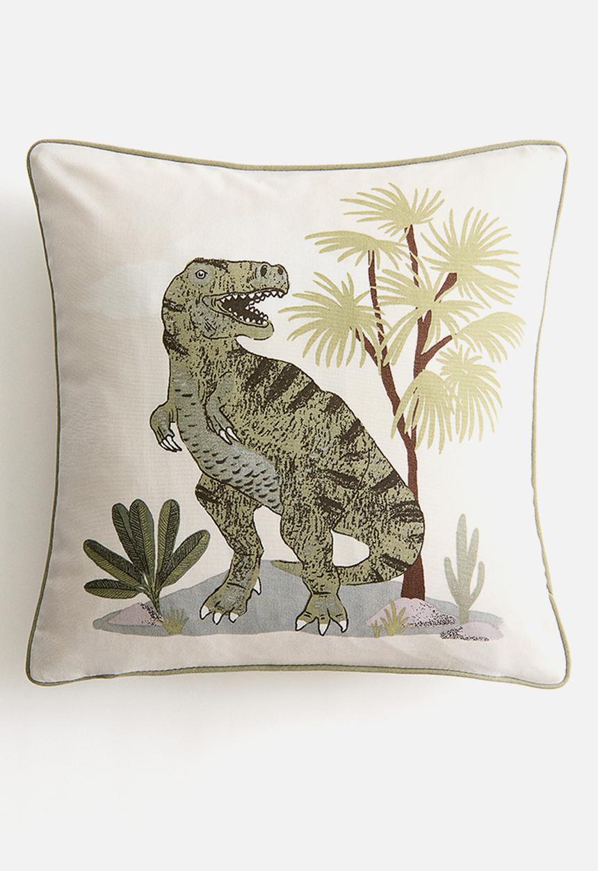 H&M - Printed cotton canvas cushion cover - light beige/t-rex
