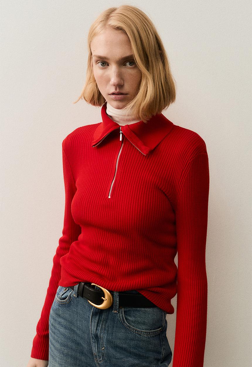 Rib-knit zip-top top - red - 1307810002