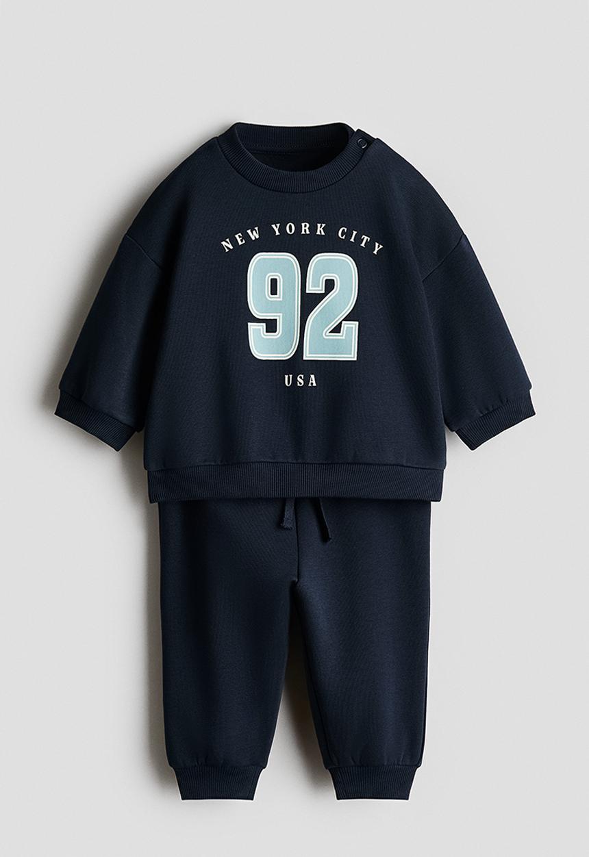 H&M - 2-piece printed sweatshirt set - navy blue/92