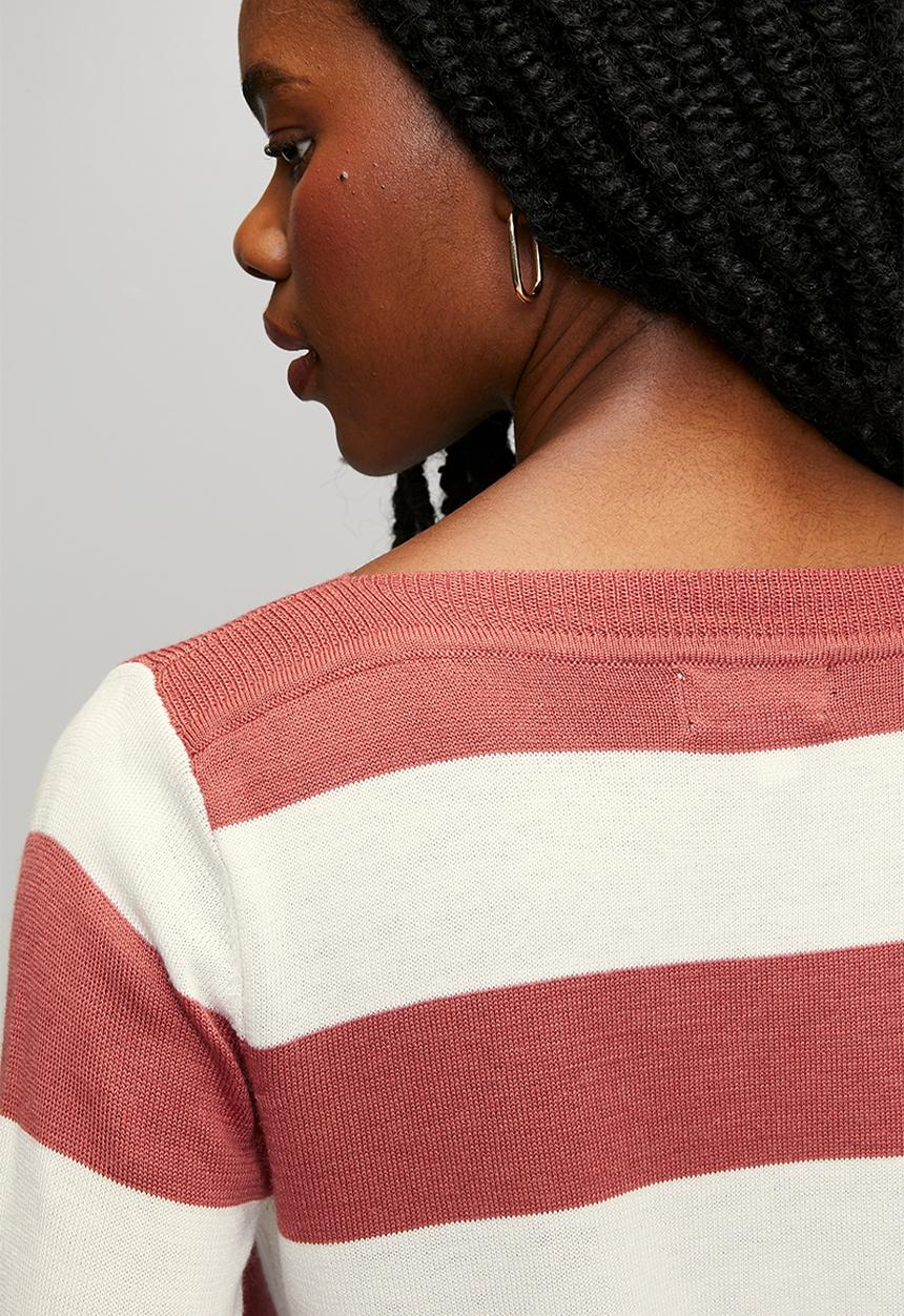 Stella Morgan - L/S Boat Neck Wool Blend Stripe Sweater - Rosewood
