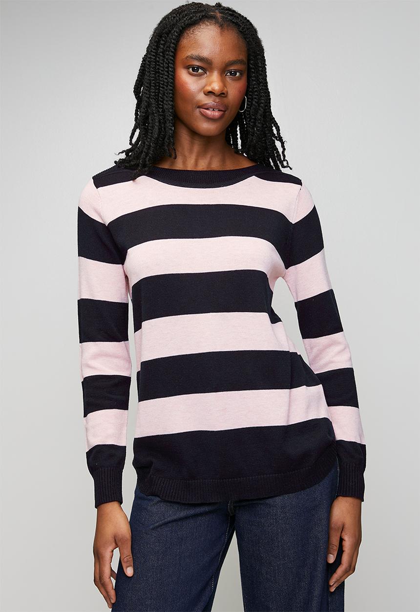 Stella Morgan - L/S Boat Neck Wool Blend Stripe Sweater - Navy