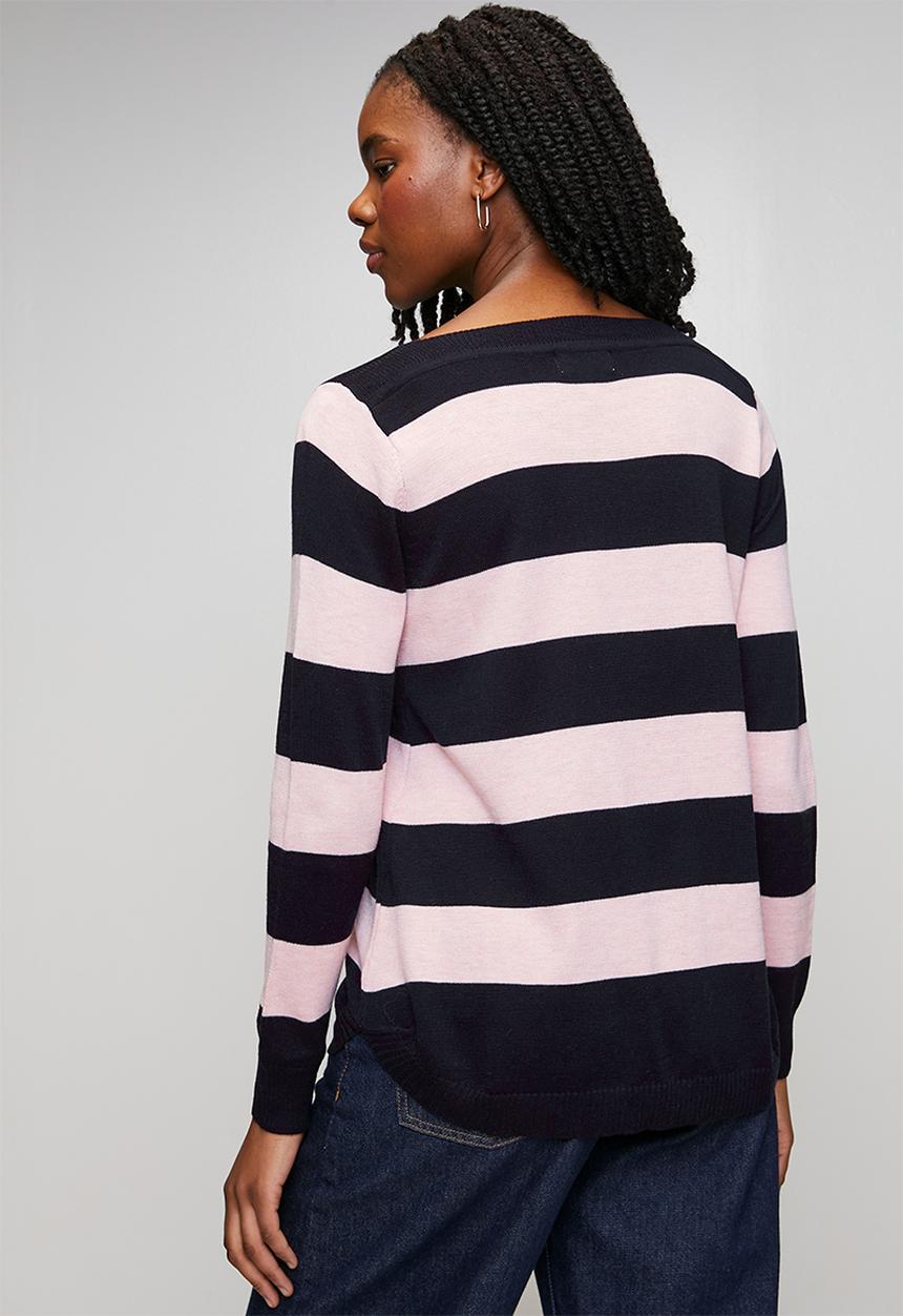 Stella Morgan - L/S Boat Neck Wool Blend Stripe Sweater - Navy