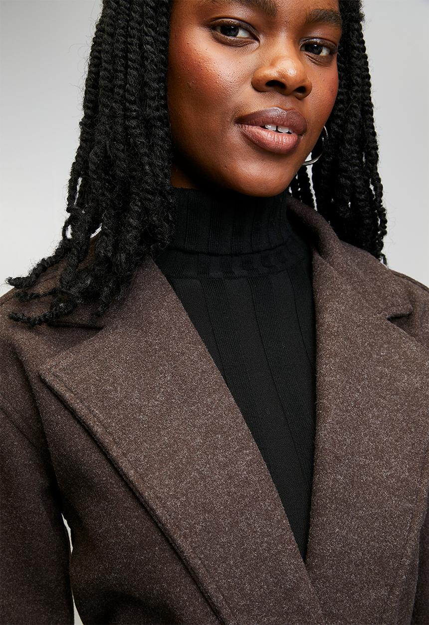 Izabel London - L/S Button Through Melton Melange Coat With Drop Shoulder And Enlarged Front Pockets - Chocolate