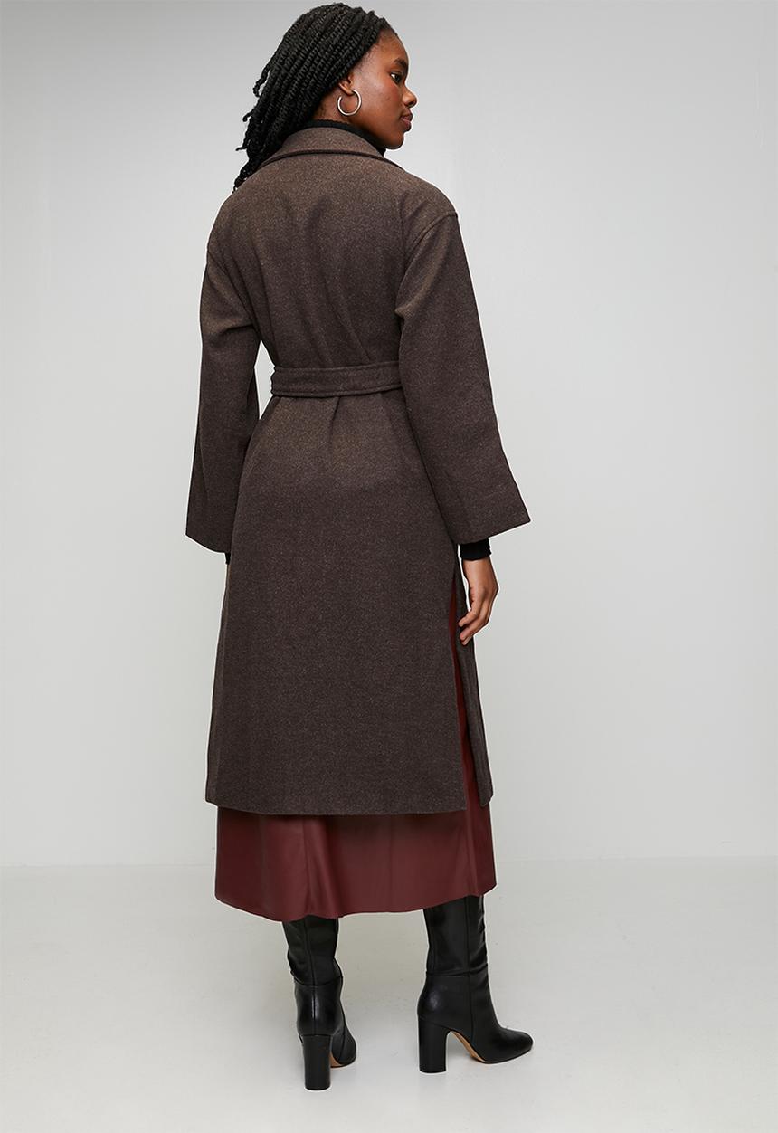 Izabel London - L/S Button Through Melton Melange Coat With Drop Shoulder And Enlarged Front Pockets - Chocolate