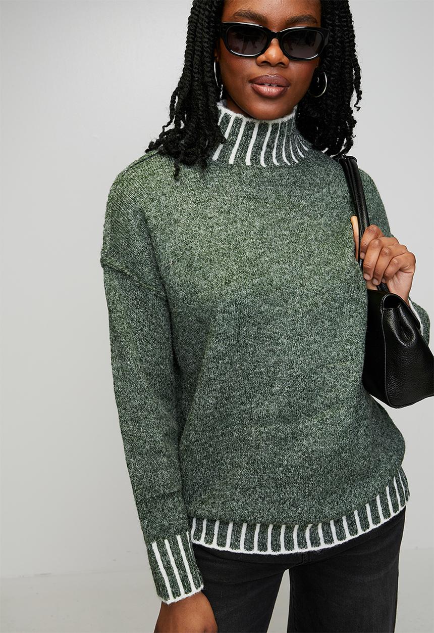Izabel London - L/S Longer Length High Neck Melange Sweater - Emerald