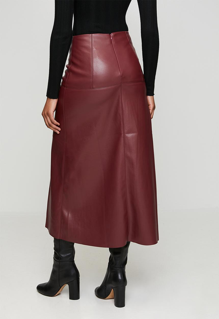 High Waisted A-Line Faux Leather Maxi Skirt - Red Dahlia