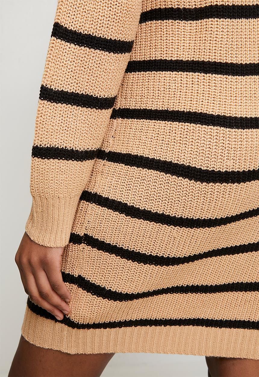 Brave Soul - Half Zip Neck Dress With Stripe - Biscuit/Black