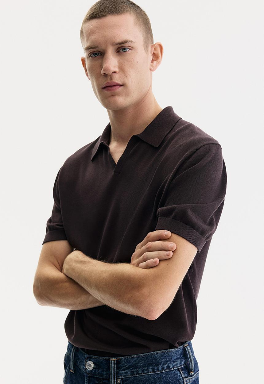 Regular fit v-neck polo shirt- dark brown - 1306855005