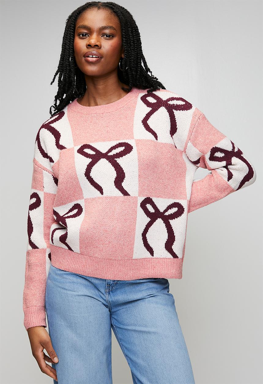 Brave Soul - Christmas Jumper - Pink/Ecru/Wine Bow