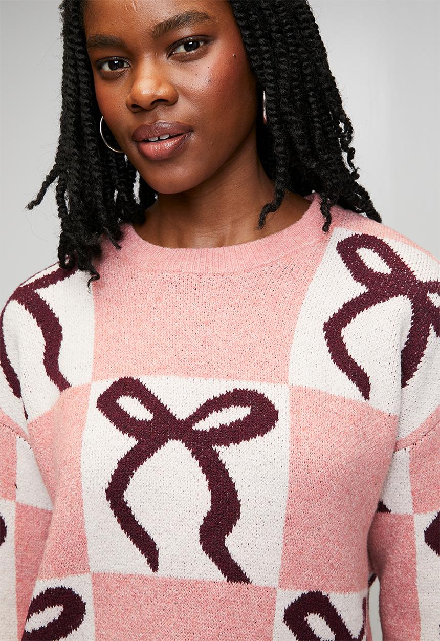 Brave Soul - Christmas Jumper - Pink/Ecru/Wine Bow