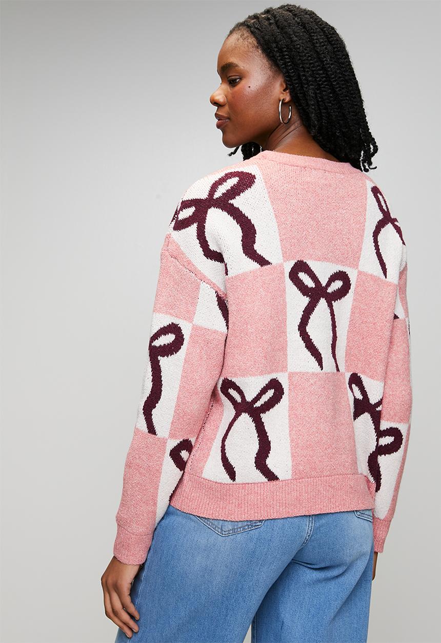 Brave Soul - Christmas Jumper - Pink/Ecru/Wine Bow